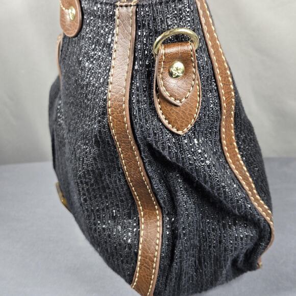 Relic by Fossil Ring Handle Tote Black Woven Bag Brown Trim Tortoise Acrylic - Picture 6 of 12